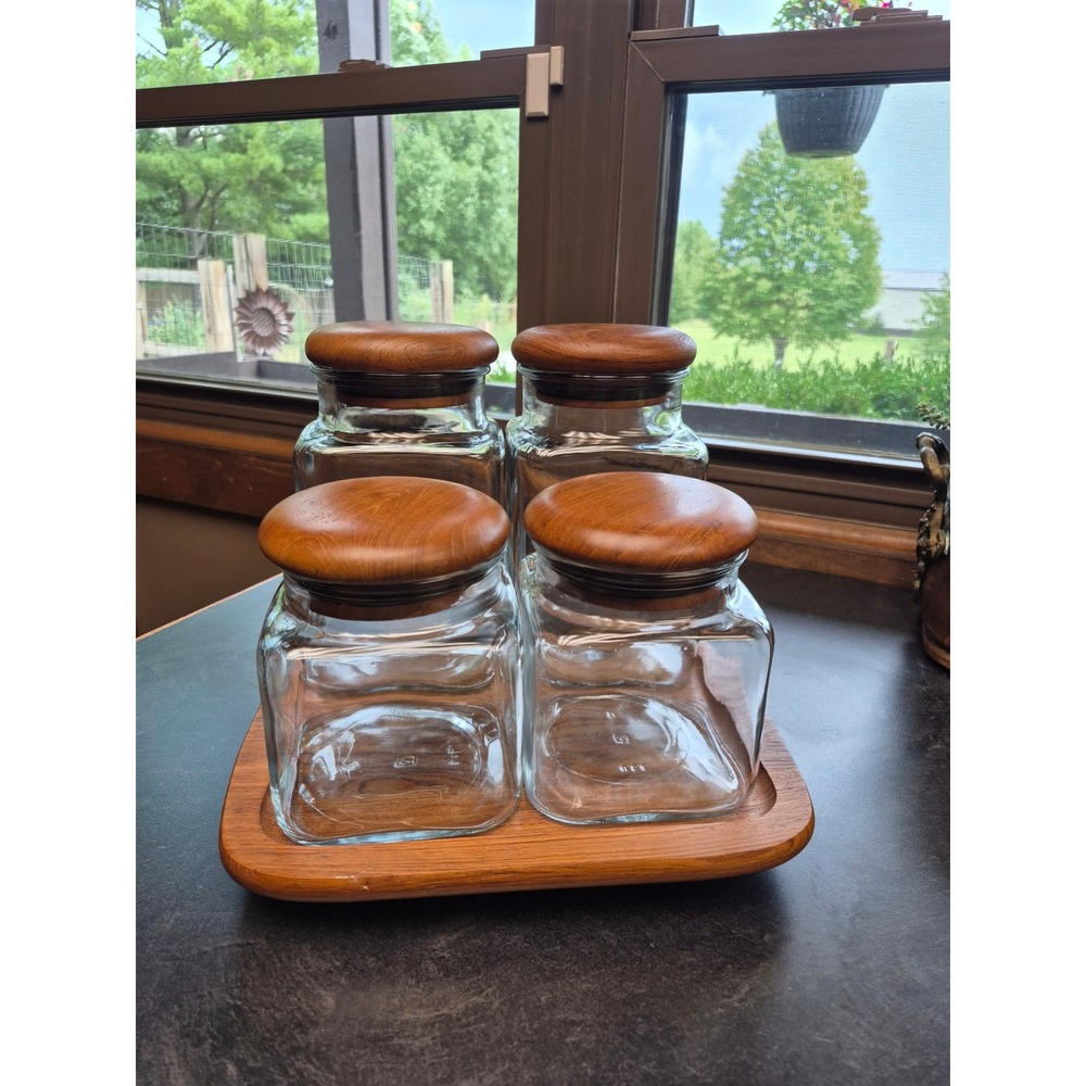 Dolphin Vintage Teakwood Canister Set 4 Glass Jars Lazy Susan MCM Kitchen 1970s